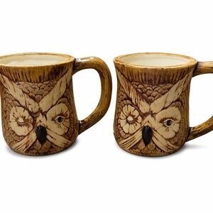 Vintage Woodland Owl Mug Set – “Have a Nice Day” – Retro 1970s Stoneware